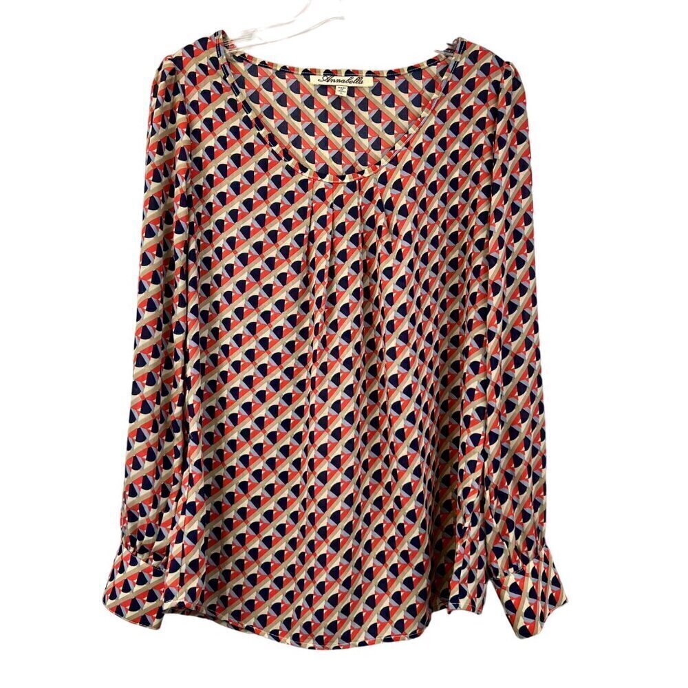 Annabella Womens Round Neck Pullover Blouse Long Sleeve Multicolor Geometric L